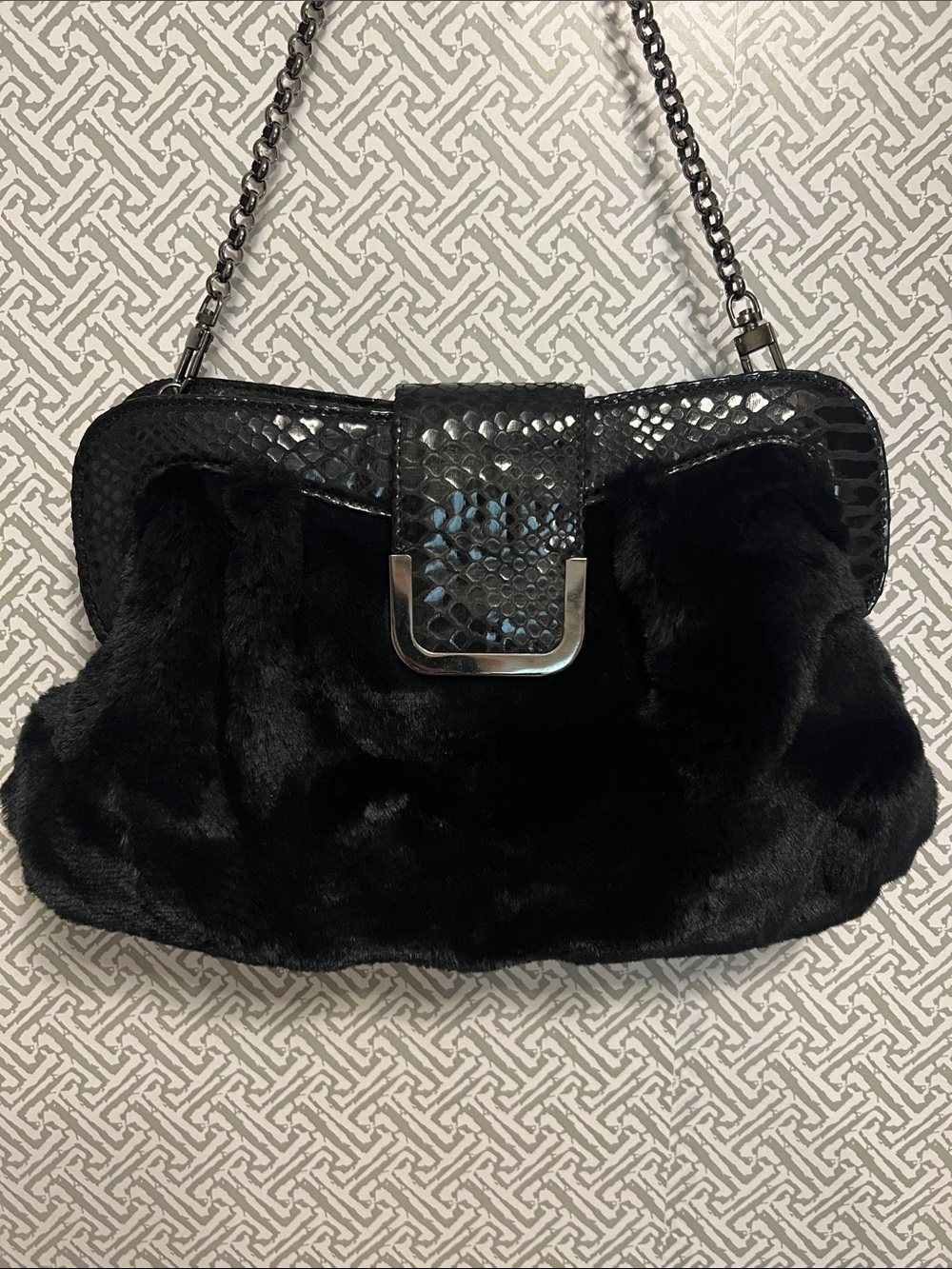 Fabulous Furs-Donna Salyer’s Black Faux Fur Shoulder Bag with Snake-Texture Trim